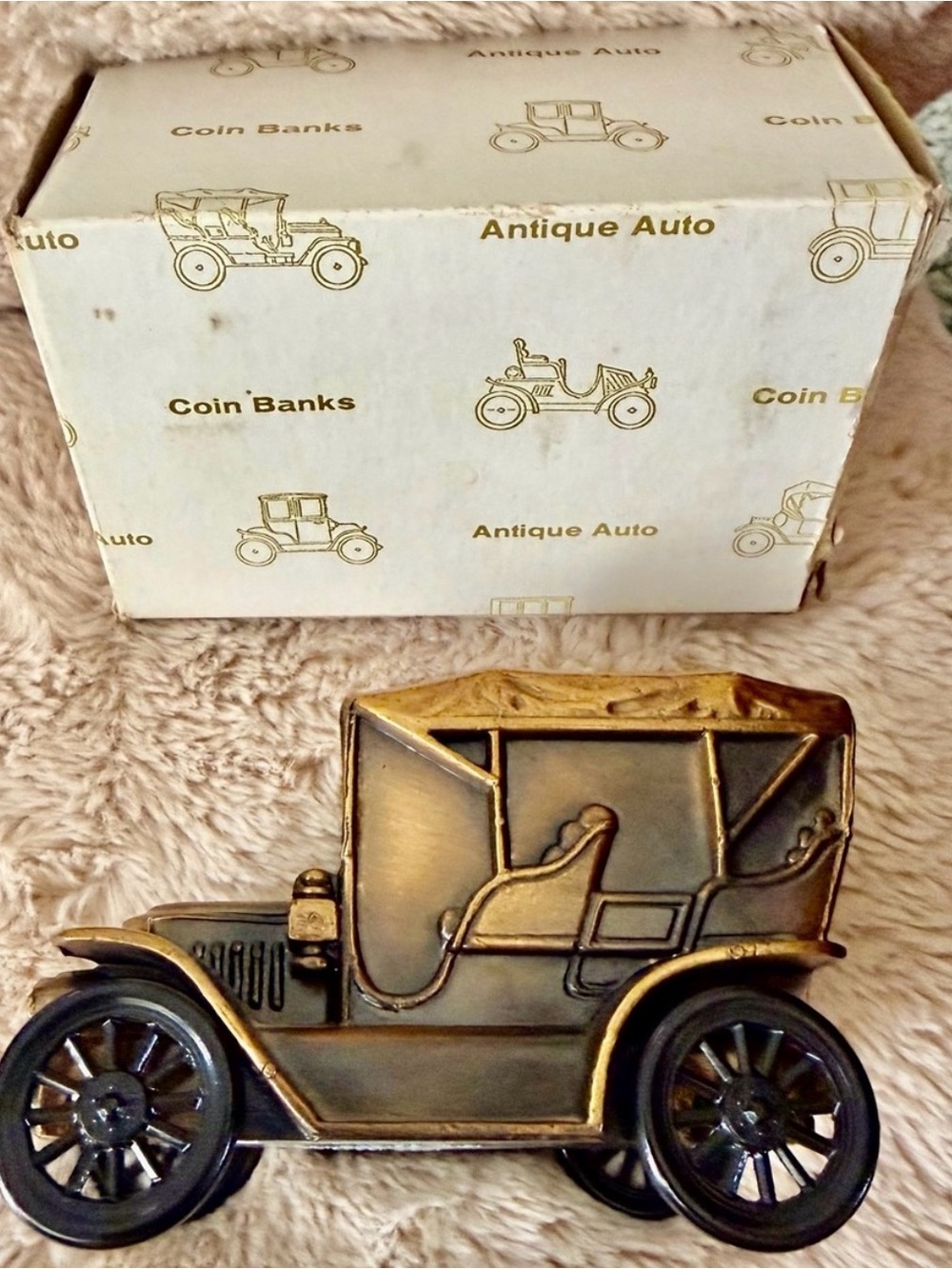 Vintage 1910 Automobile Metal Coin Bank Bronze Tone w/ Key and Box